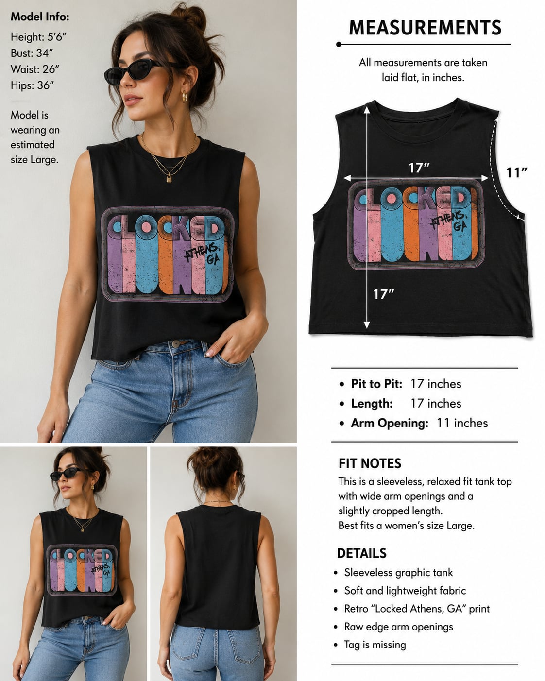 Clocked Athens Ga Graphic Sleeveless Cropped Tank Top Size Large